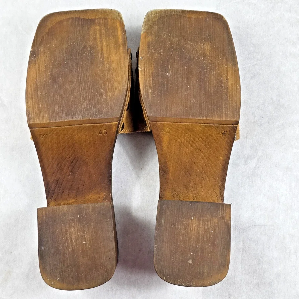Vintage 90s Charles David Brown Suede Wood Platform Mules Clogs Sz 40 Made italy